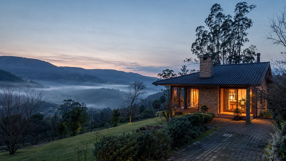 Casa aquecida em uma manhã fria de setembro na Serra Gaúcha