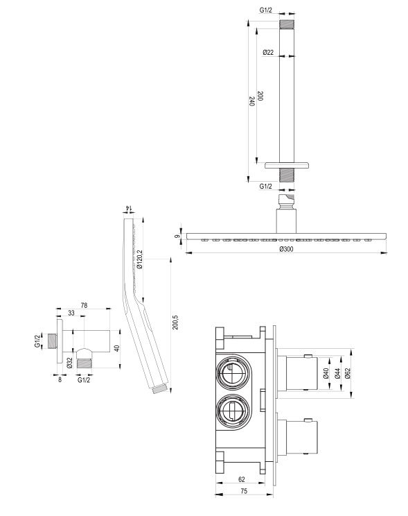 Thumbnail: Brauer Inbouwset 36 Thermostatische Regendouche Ø300 met Copper Edition
