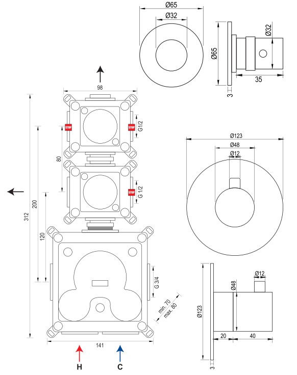 Thumbnail: Brauer Inbouwset 11 Thermostatische Regendouche Ø200 Copper Edition