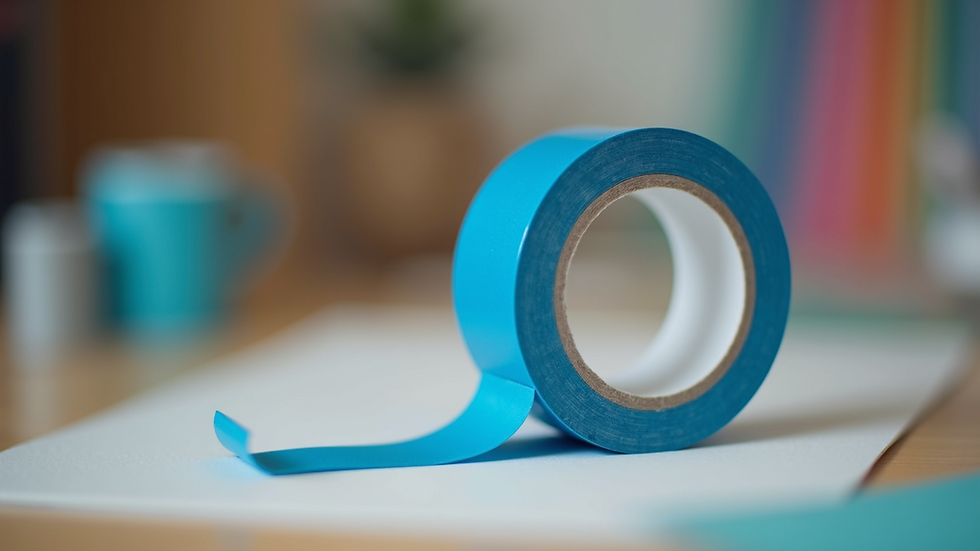 Eye-level view of a roll of blue seam tape on a creative crafting workspace