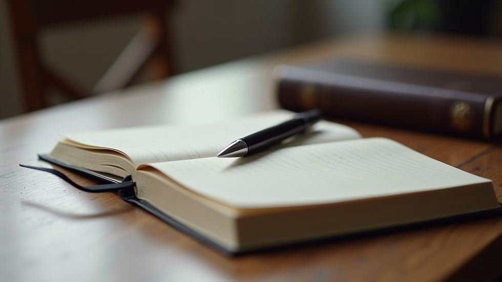 Eye-level view of a notebook with a pen and a Bible on a wooden table