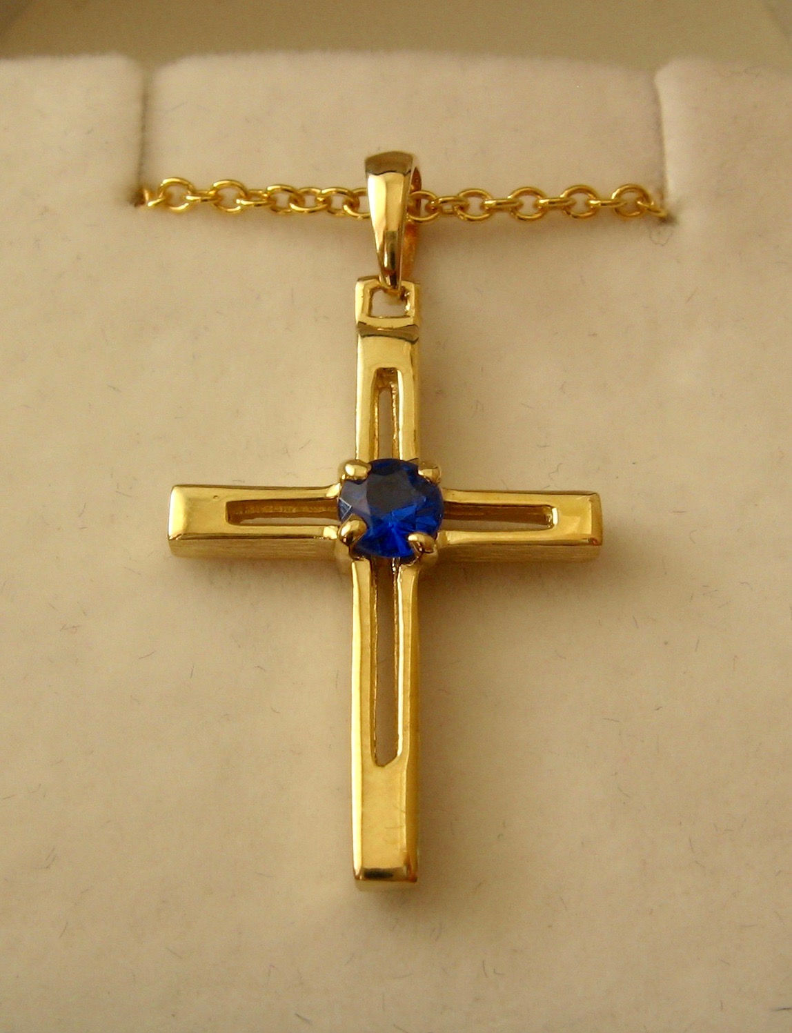 UNISEX GENUINE 9K 9ct SOLID Gold September Birthstone Sapphire CROSS Pendant