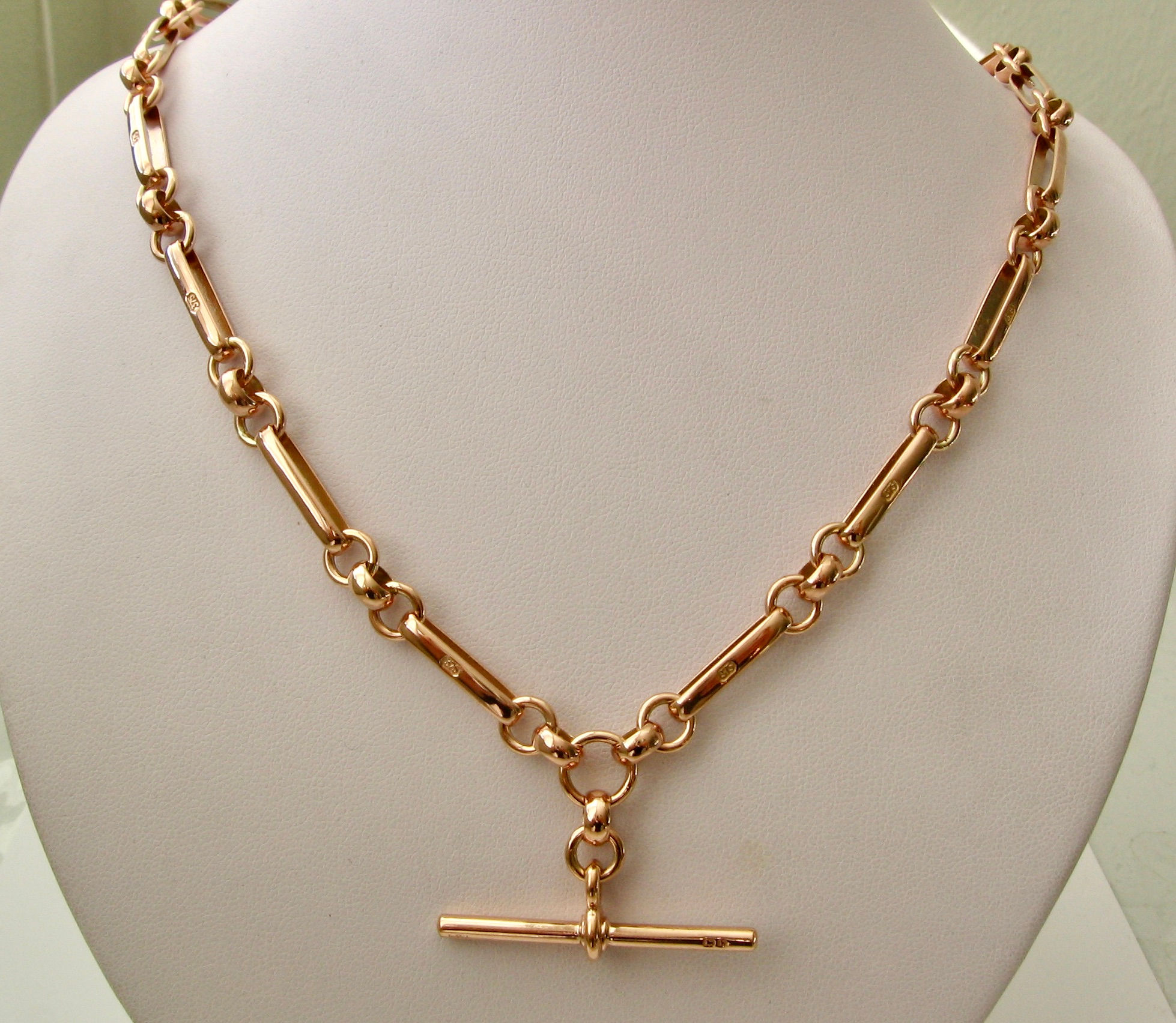 Genuine SOLID 9K 9ct ROSE GOLD Albert Chain with T-Bar with Double Clasps