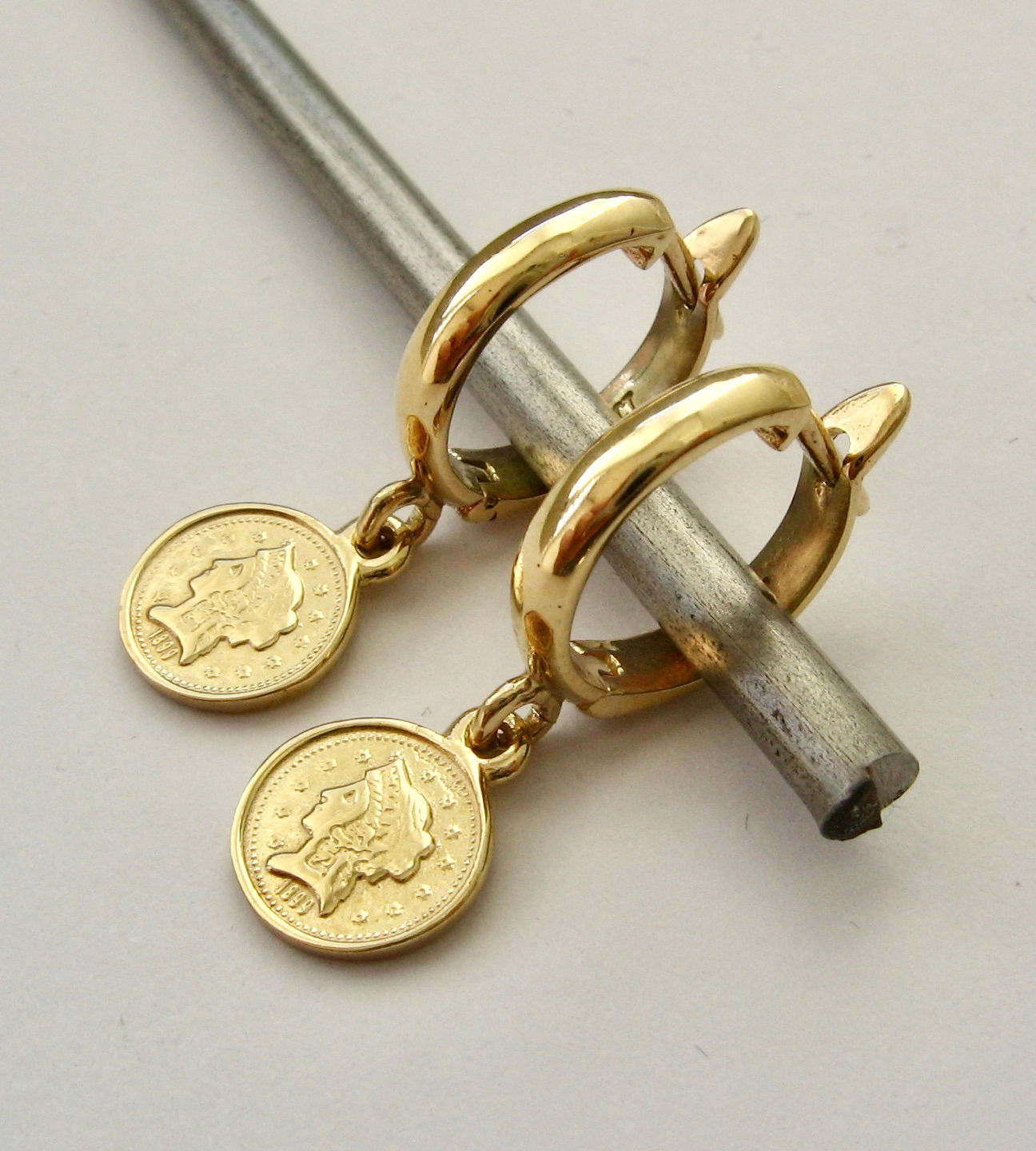 GENUINE SOLID 9K 9ct YELLOW GOLD HOOP COIN EARRINGS
