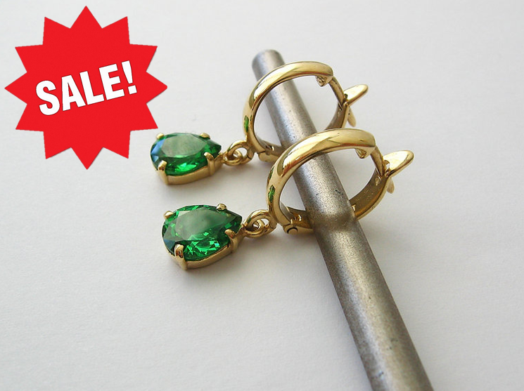 GENUINE SOLID 9K 9ct YELLOW GOLD HOOP EMERALD EARRINGS