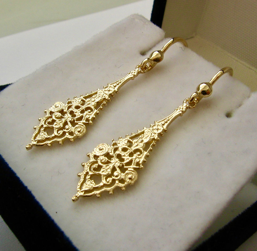 Thumbnail: Genuine SOLID 9ct YELLOW GOLD Ancient Vintage Style Filigree Drop Dangle Earring