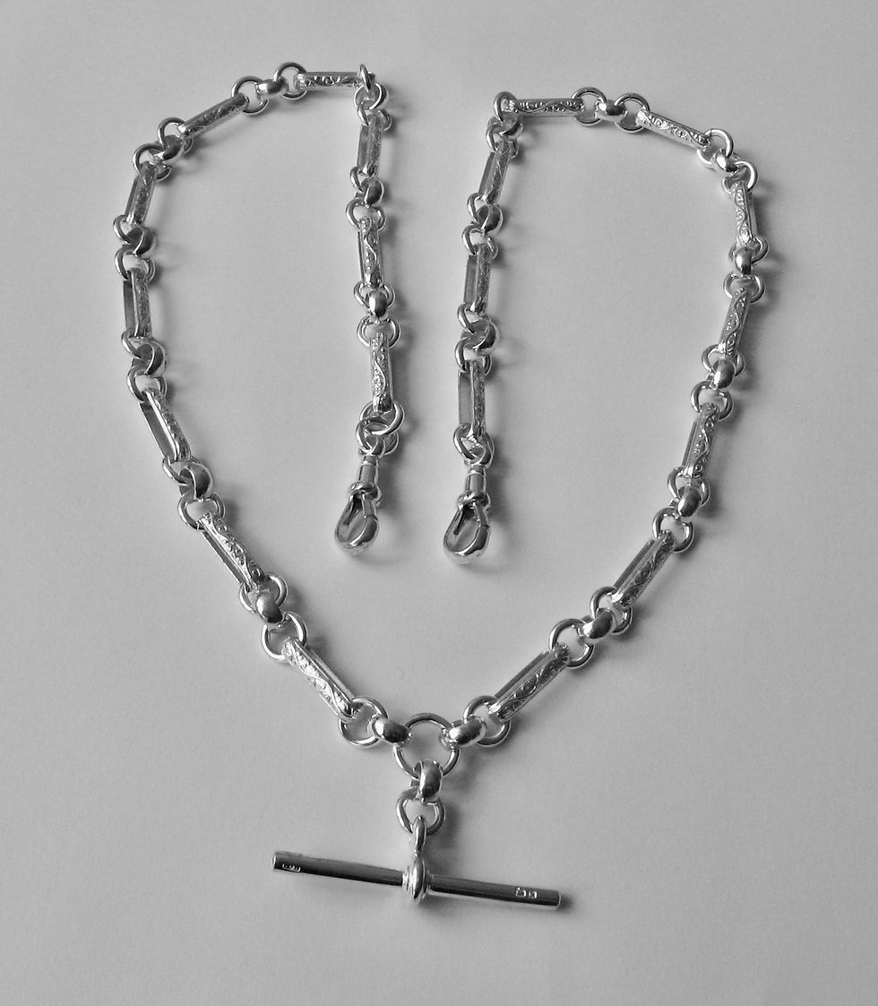 Thumbnail: Genuine SOLID 925 STERLING SILVER Albert Chain with T-Bar and Double Clasps