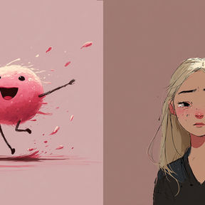 An illustrated dancing cancer cell against a light pink background. A cartoon white girl crying against a darjer pink background.