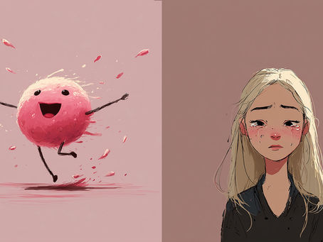 An illustrated dancing cancer cell against a light pink background. A cartoon white girl crying against a darjer pink background.