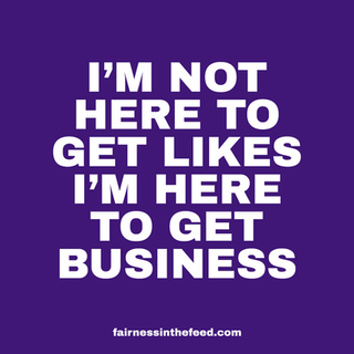 Bold white type on a dark purple background saying: I'm not here to get likes I'm here to get business