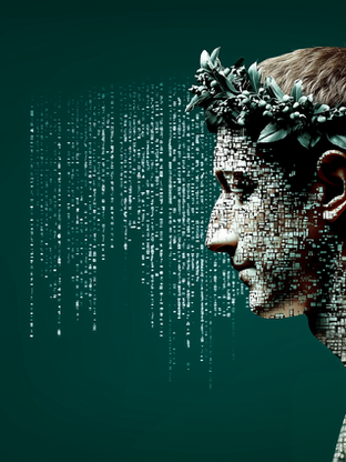 Mark Zuckerberg as an emperor covered in digital date