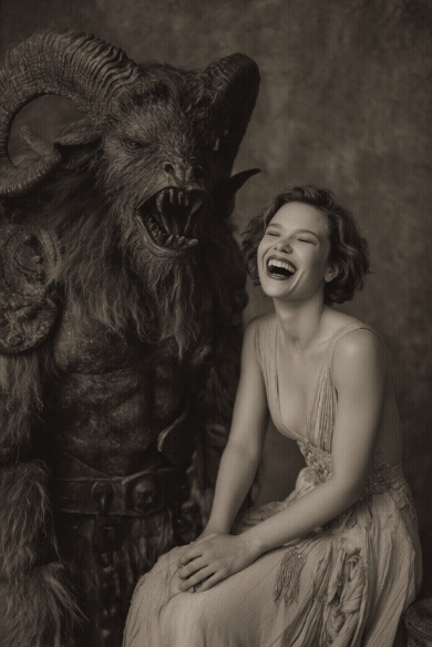A beautiful woman laughs as a scary demon tries to scare her