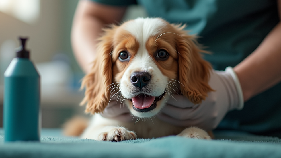 Eye-level view of dog being groomed with pet grooming gloves