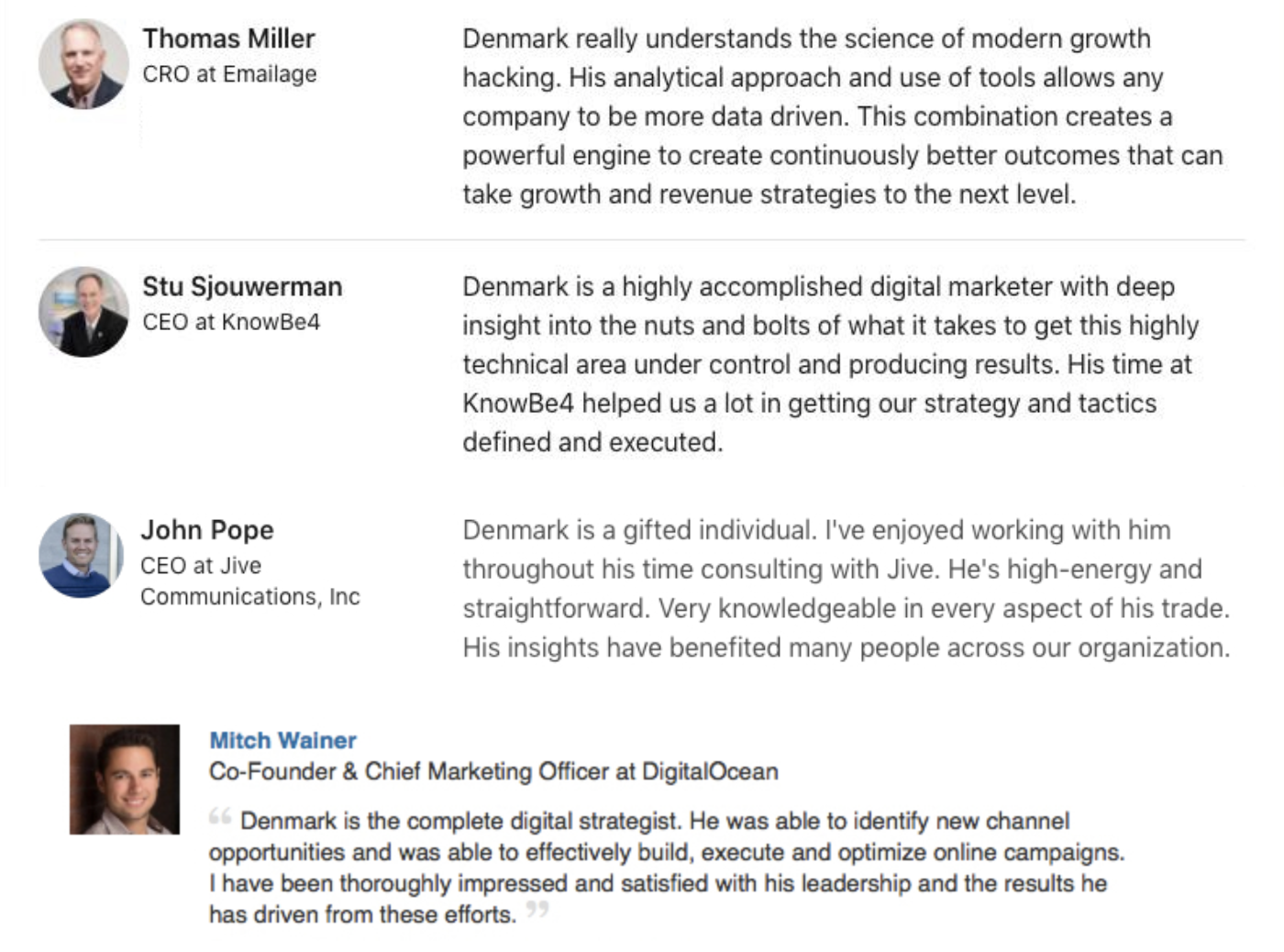 Recommendations from Thomas Miller, Stu Sjouwerman, John Pope, and Mitch Wainer