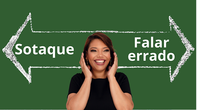 Arte escrito com giz Sotaque e Falar Errado em um quadro verde e a foto da Nyrlene no centro com uma risada de dúvida.