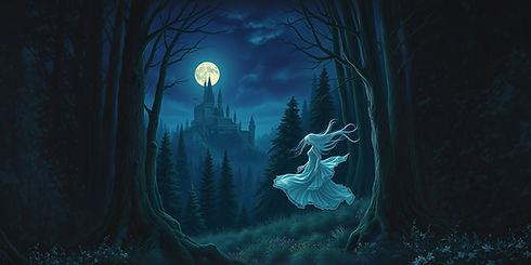 Deep in an enchanted forest under a full moon. A castle is far in the distance.jpg