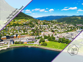 Travel graphic featuring an aerial photo of Voss, Norway, with diagonal purple frames and text reading "Your First Time In Voss And The Mountains Beyond," along with a small Norway badge logo in the bottom right corner.