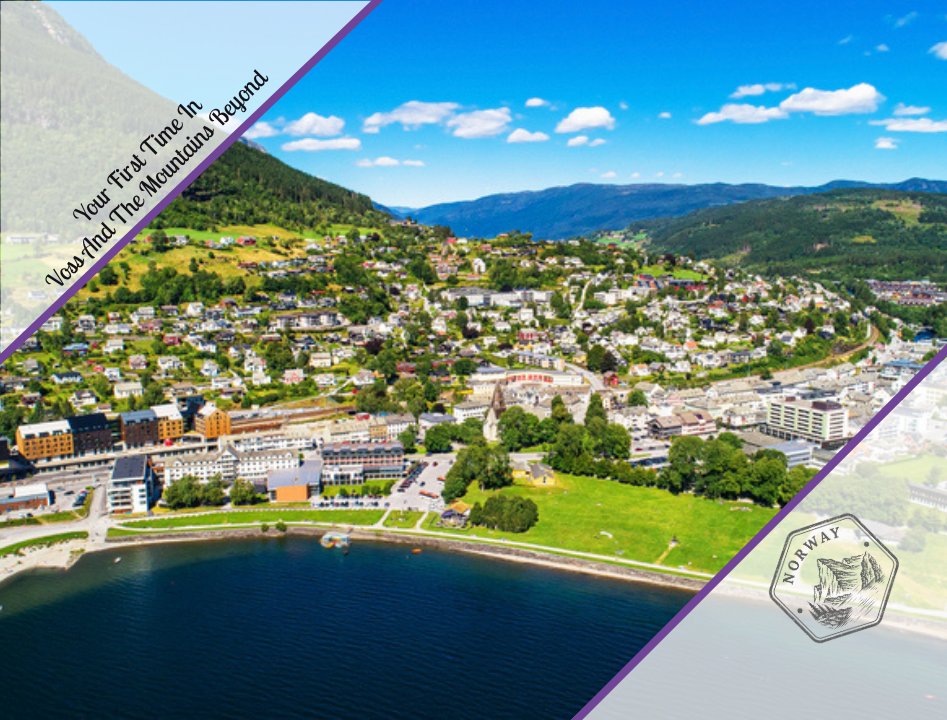 Travel graphic featuring an aerial photo of Voss, Norway, with diagonal purple frames and text reading "Your First Time In Voss And The Mountains Beyond," along with a small Norway badge logo in the bottom right corner.
