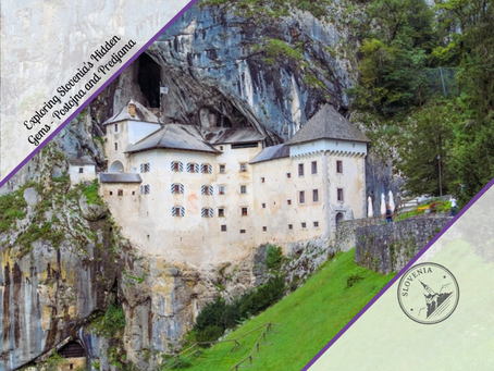 Travel graphic titled Exploring Slovenia's Hidden Gems - Postojna and Predjama featuring a Renaissance castle built into a cave mouth