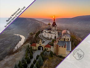 Travel graphic titled Mystical Moldova and the Hidden Gems of Orheiul Vechi showing an aerial view of an Orthodox monastery perched on a hill at sunrise