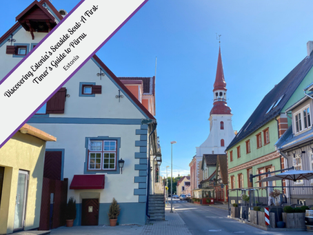 Charming street in Pärnu, Estonia, lined with colorful historic buildings and a tall red-and-white church steeple under a clear blue sky. Text overlay in the top left corner reads "Discovering Estonia’s Seaside Soul: A First-Timer’s Guide to Pärnu."