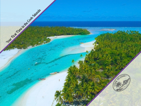 Promotional travel graphic featuring an aerial photo of Aitutaki's turquoise lagoon with overlay text reading "Your First Time in the Cook Islands".