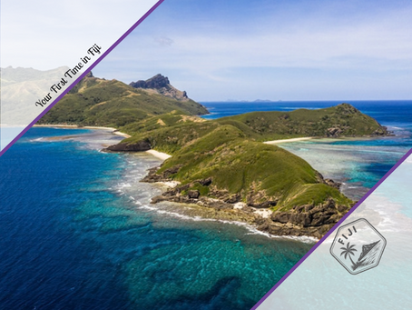 An aerial landscape shot of island ridges and surrounding coral reefs, framed by purple promotional border banners and a Fiji logo stamp.