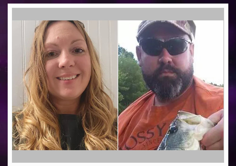 Split image: Left, woman smiling indoors. Right, man with beard in sunglasses holds a fish outdoors, wearing an orange shirt.