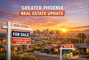 Greater Phoenix real estate market update showing new home listings and sold homes at sunset, highlighting affordable homes under $300,000 and current market activity.