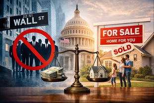 Illustration showing a proposed ban on institutional homebuyers, with Wall Street investors crossed out on one side and a family buying a suburban home on the other, balanced by scales symbolizing housing policy and market impact.
