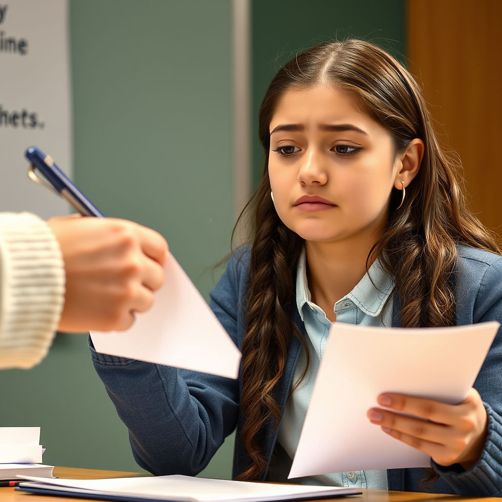 Student in blue jacket looks concerned, holding papers at a desk. Another hand offers a document. Classroom setting with green board.