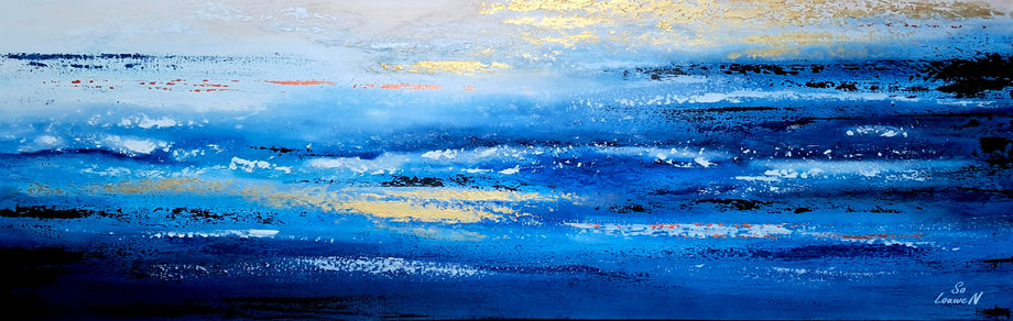paysage abstrait texturé bleu et or 120x40cm grand format design abstrait