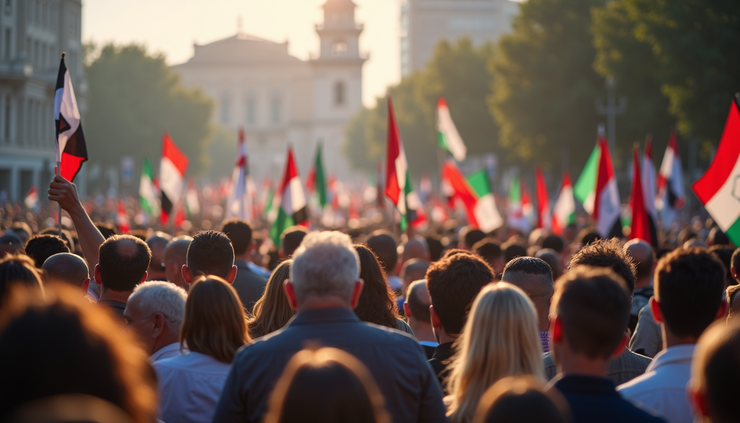 Eye-level view of a joint Jewish-Arab political rally with diverse supporters holding flags