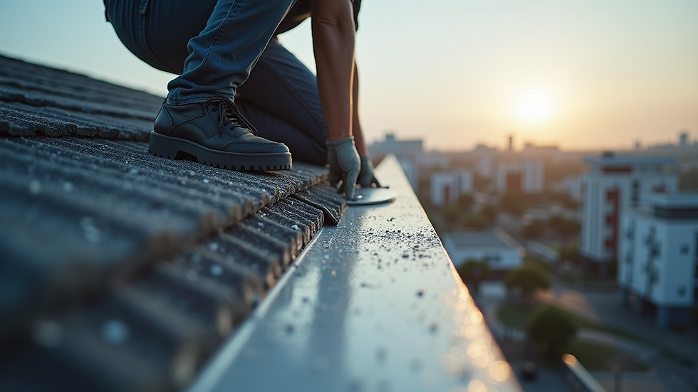 High angle view of a professional sealing a roof gap