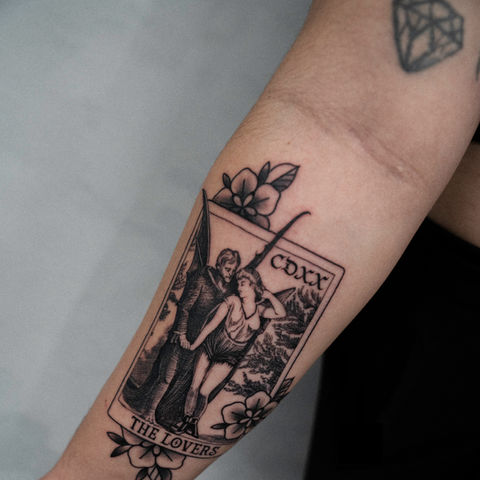 Matching Couple tattoos - Tarrot Card done by Coen Mitchell Tattoo Gold Takapuna Auckland New Zealand