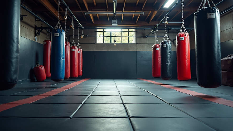 Eye-level view of a clean MMA gym training area with mats and punching bags