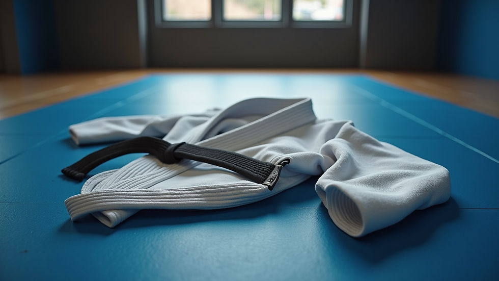 Eye-level view of a Brazilian Jiu-Jitsu gi and belt laid out on a training mat