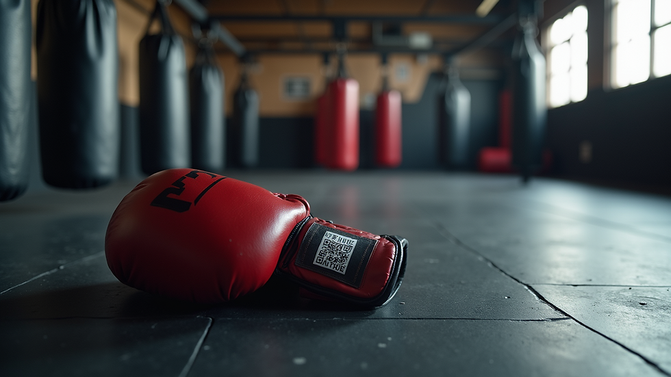 Close-up view of MMA gloves and training equipment on gym floor