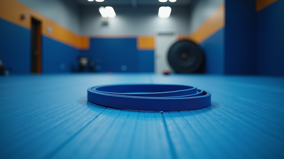 Eye-level view of a BJJ gym mat with a single blue belt laid out