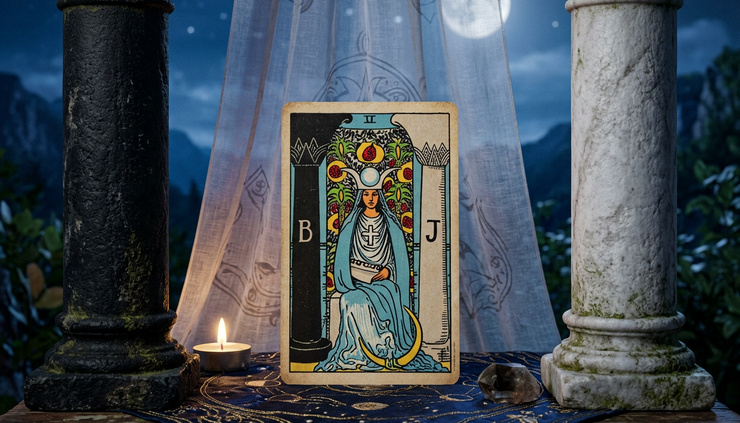 Yakın planda görülen iki sütun arasındaki Azize tarot kartı