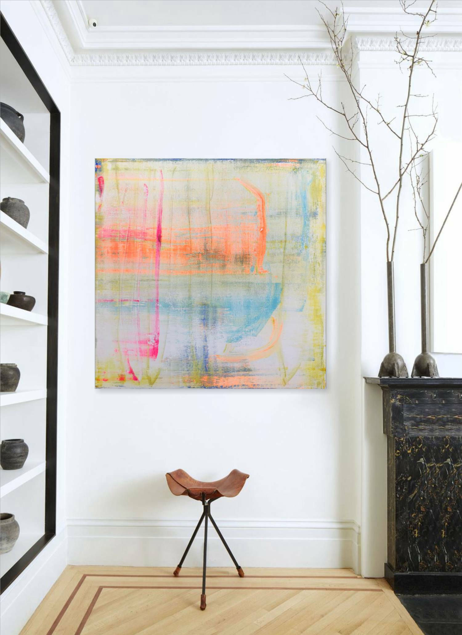 GEMÄLDE TÜRKIS GELB ORANGE 100x100cm ABSTRACT PAINTING FINE ART