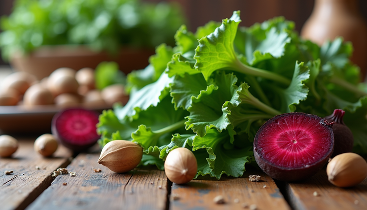 Close-up view of fresh leafy greens and nuts on a wooden table