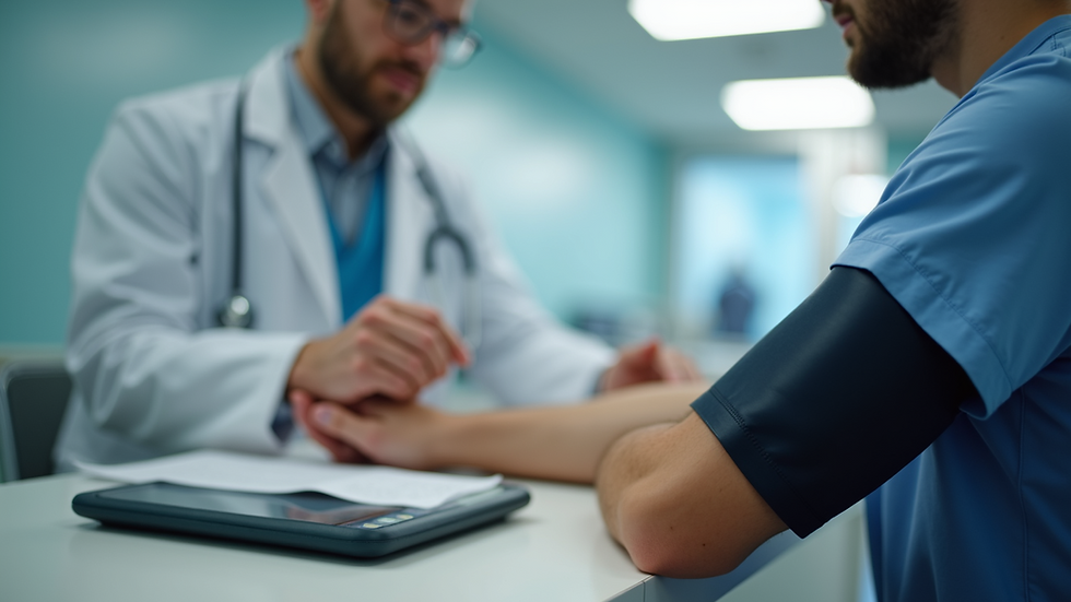Close-up view of a health professional taking blood pressure of an employee