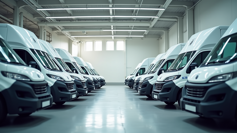 Eye-level view of a fleet of electric delivery vans parked in a depot