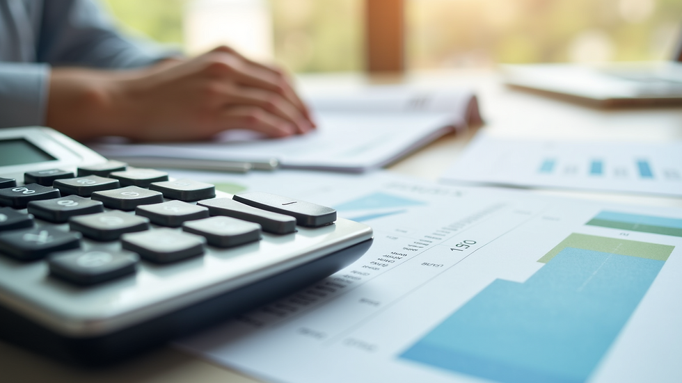 Close-up view of a calculator and financial documents on a desk