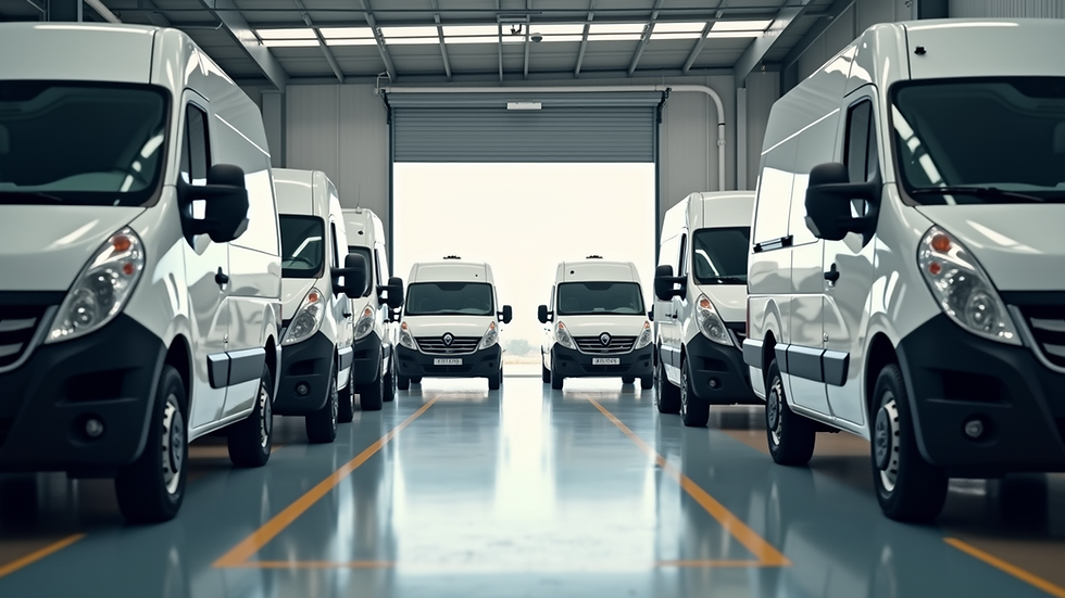 Eye-level view of a fleet of delivery vans parked in a depot