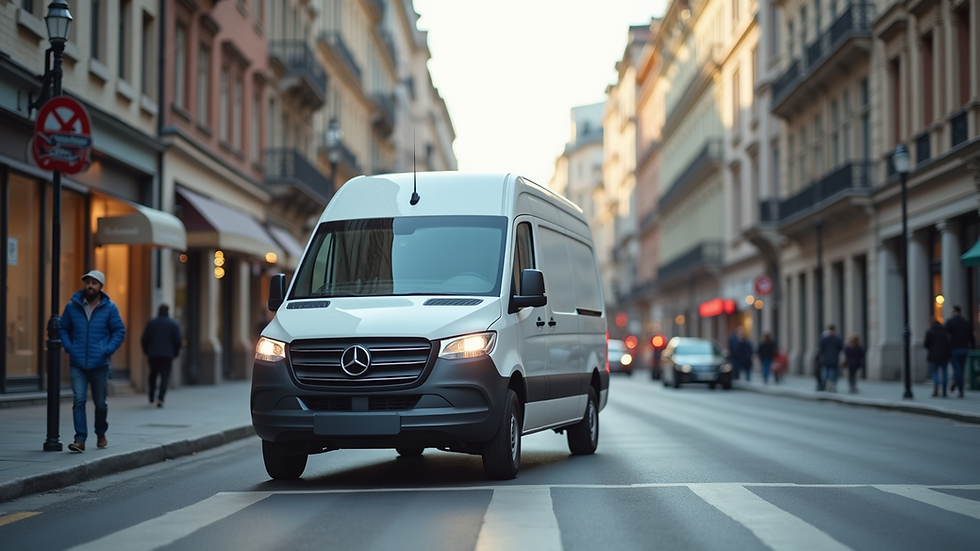 Eye-level view of electric delivery van parked in urban environment