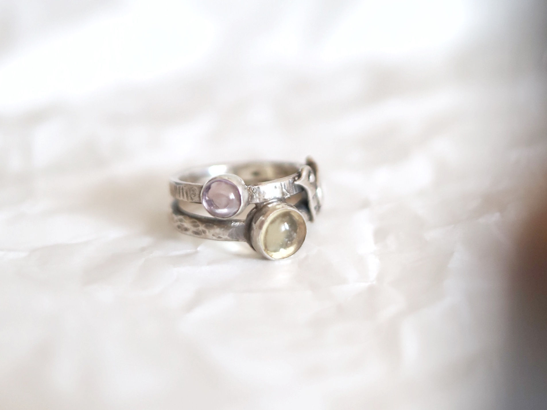 Artisanal Silver Citrine & Amethyst Bird Ring