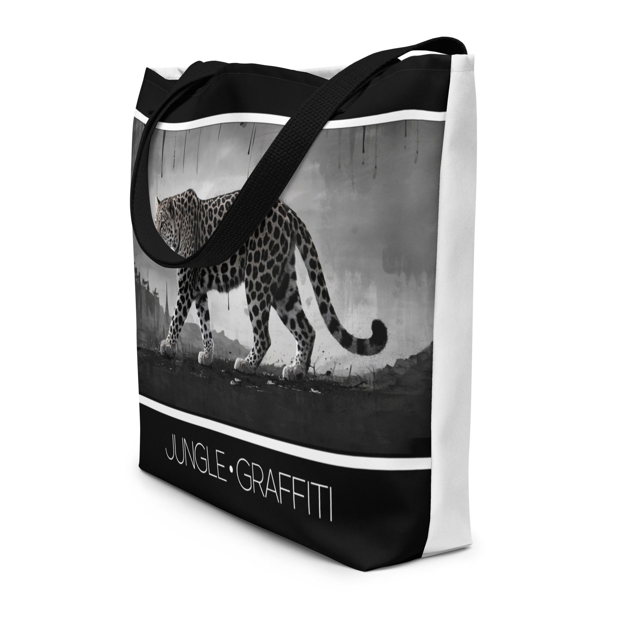 Tote bag en toile noir et blanc avec motif panthère graphique signé Jungle Graffiti.