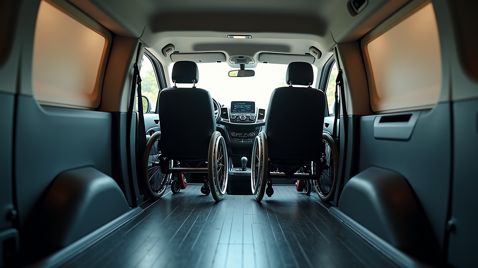 Eye-level view of a modified vehicle interior designed for wheelchair accessibility